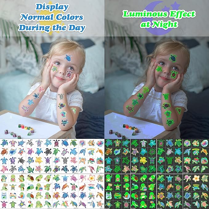 96 PCS Turtle Pre-Cut Luminous Glow in the dark Temporary Tattoos for Kids | Super Cute First Themed Birthday Party Favors Supplies Decorations, Fake Ocean Animal Tattoo Stickers Gifts for Boys Girls