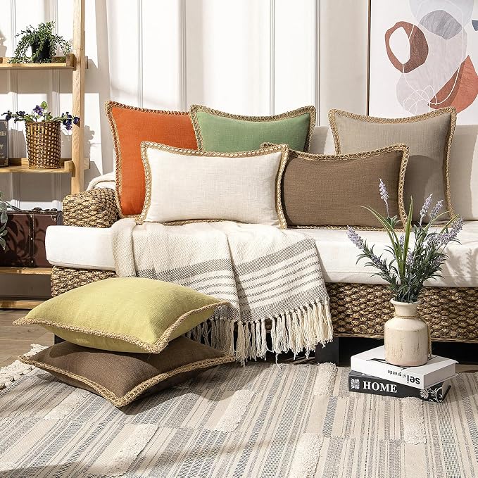 Phantoscope Pack of 2 Farmhouse Decorative Solid Throw Decorative Pillow Cover Burlap Linen Trimmed Tailored Edges Orange 18 x 18 inches, 45 x 45 cm