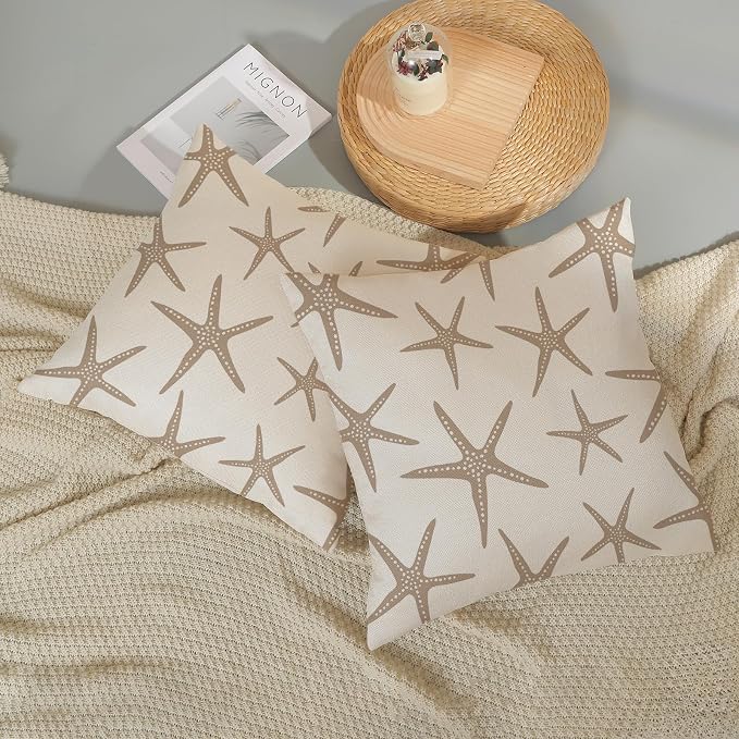 Brown Tan Starfish Pillow Covers 18x18 Inch Set of 2 Coastal Throw Pillows Spring Summer Nautical Ocean Theme Beach Decorative Pillow Cases Linen Outdoor Decor Cushion Case for Home Bedroom