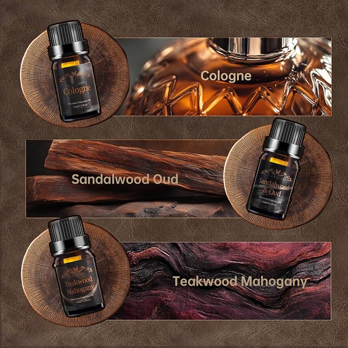 Men Essential Oils Set for Diffuser for Home, 6x10ml Masculine Fragrance Oils for Candle Making, Scented Oil Gift Set for Men, Mahogany, Sandalwood, Cologne, Smoke Vanilla, Leather
