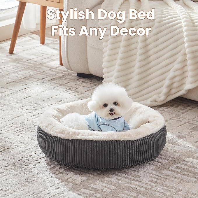 23 inches Calming Donut Dog Bed for Small Dogs,Dark Grey | Round Puppy Pet Bed with Removable&Washable Cover,Plush Faux Fur & Corduroy, Fits Pets up to 15 lbs