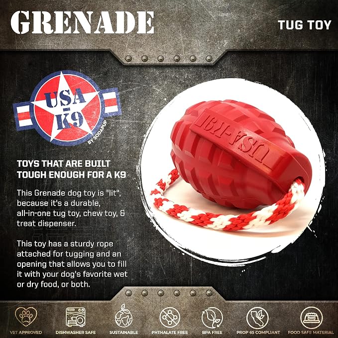 SodaPup USA-K9 Grenade – Durable Dog Tug Toy, Chew Toy & Treat Dispenser Made in USA from Non-Toxic, Pet-Safe, Food Safe Natural Rubber Material for Mental & Physical Stimulation, Bonding, & More