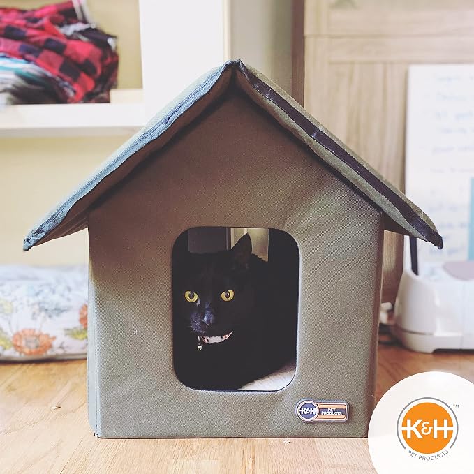 K&H Outdoor Cat House, Weatherproof Shelter for Outside Pets, Olive/Olive | Weatherproof Outdoor Cat House for Ferals, Insulated Kitty Shelter, 2 Doors, Waterproof Removable Floor Pad, Unheated