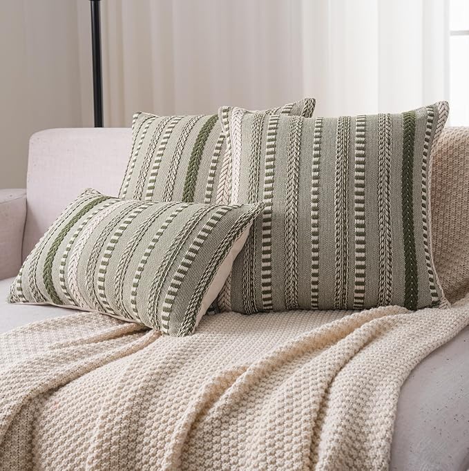 Cethom Boho Throw Pillow Covers 12x20 Inch Set of 2, Farmhouse Decorative Couch Pillow Cases, Green Accent Pillows of Bed, Sofa Bedroom Living Room Home Decor Cushion Cover