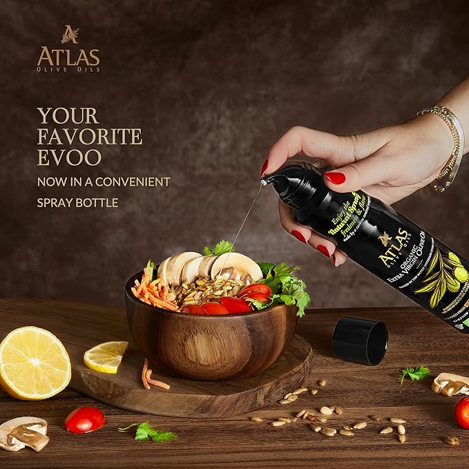 Olive Oil Spray by Atlas, Dual Function Olive Oil Cooking Spray and Stream, 5.4 fl oz, 6 Pack, Extra Virgin, Non Stick, Cold Pressed, Polyphenol Rich, Organic Moroccan EVOO, Hydroxytyrosol, Keto