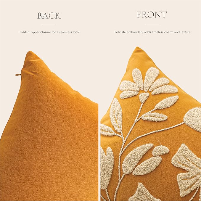 Lumbar Pillow Cover 12x20 Inch, Mustard Floral Tufted Velvet Decorative Accent Pillow Case for Sofa Bed Living Room, Cover Only