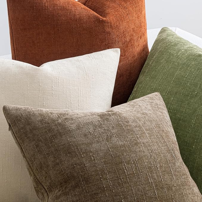 MIULEE Pack of 4 Fall Decorative Throw Pillow Covers 18x18 Inch Chenille Textured Throw Pillows Boho Farmhouse Cushion Covers Vintage Home Decor for Couch Sofa Bed Living Room，Taupe Brown Green