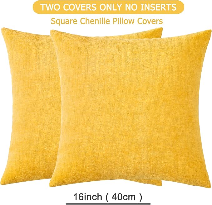 GAWAMAY Decorative Throw Pillow Covers 16x16 Inch Set of 2, Super Soft Chenille Square Pillows Farmhouse Fall Pillowcase for Living Room Bedroom Sofa Couch Cushion Cover Mustard Yellow 40x40cm