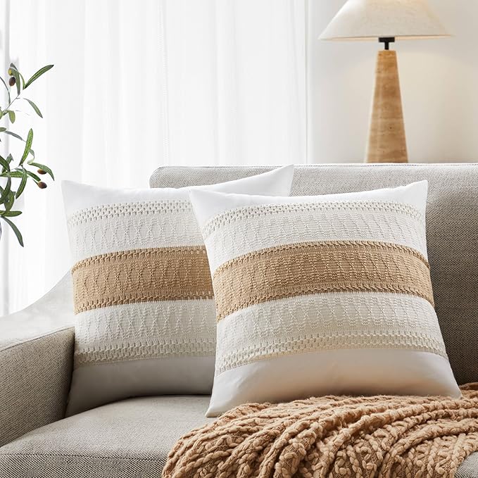 2pk Boho Pillow Covers 16x16, Natural White/Contrast/Brown | 100% Organic Cotton Body, Stripe Embroidery, Farmhouse Decorative Cushion Covers for Sofa Bed Living Room Home Decor