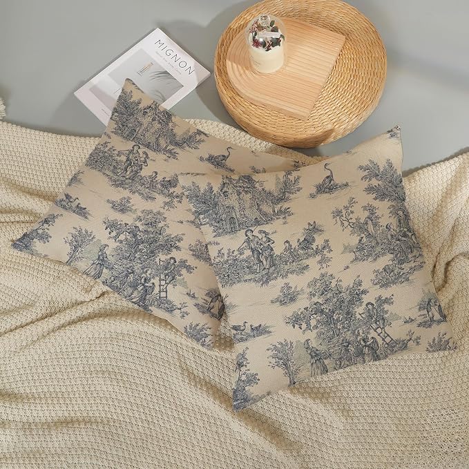 Blue Toile Pillow Covers 18x18 Inch Set of 2 Vintage French Country Throw Pillows Outdoor French Country Decorative Pillow Cases Rustic Linen Decor Farmhouse Cushion Case for Couch Bedroom