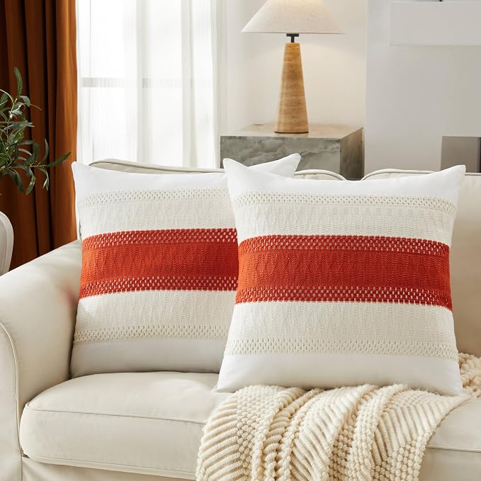 2pk Boho Pillow Covers 22x22, Natural White/Contrast/Orange | 100% Organic Cotton Body, Stripe Embroidery, Farmhouse Decorative Cushion Covers for Sofa Bed Living Room Home Decor