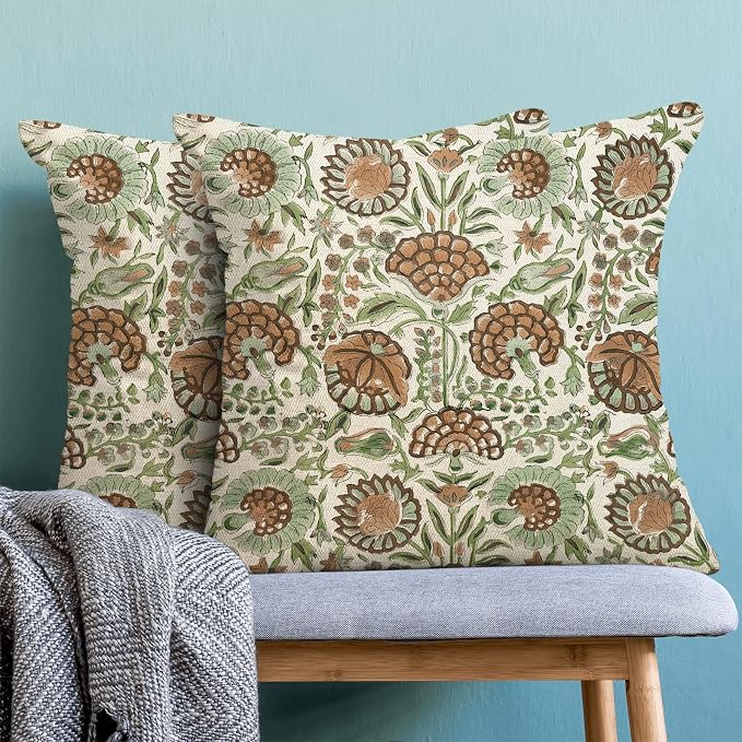 Block Print Pillow Covers 18x18 Inch Pack of 2 Boho Brown Green Floral Decor Throw Pillow Covers Spring Summer Flower Pillowcase Outdoor Farmhouse Decorative Cushion Cover for Couch Sofa