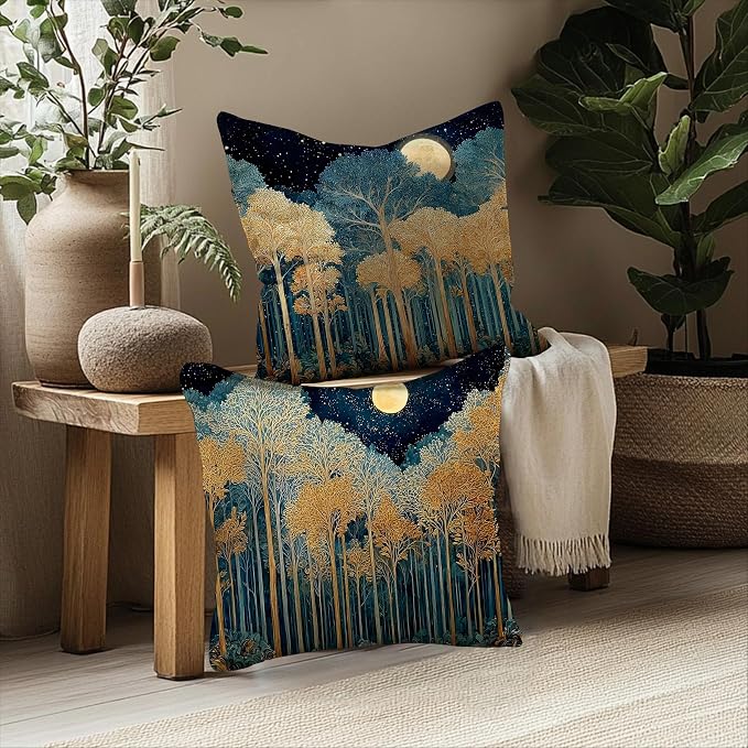 Rustic William Morris Inspired Gold Forest Moon Pillow Covers 18x18 Set of 2,Vintage Black and Gold Botanical Moon Nature Landscape Decorative Throw Pillow Covers for Home Bedroom Living Room