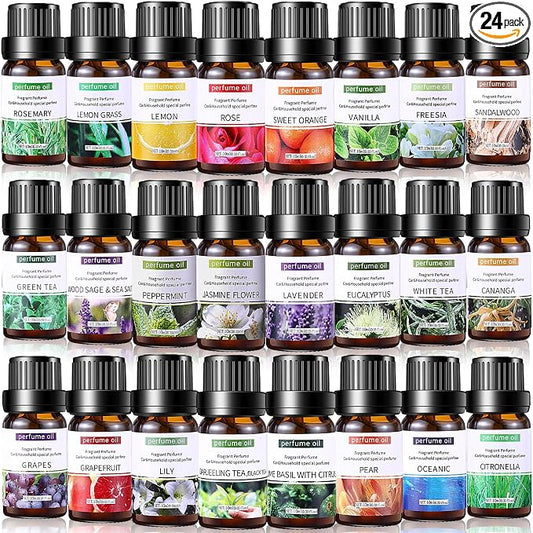 24 Pcs Essential Oil Set for Diffuser 10ml Sweet Orange Lavender Lemongrass Peppermint Eucalyptus Rose Each Fragrance Oil for Candle Making, Soap Making, Aromatherapy, Humidifiers (Fresh)