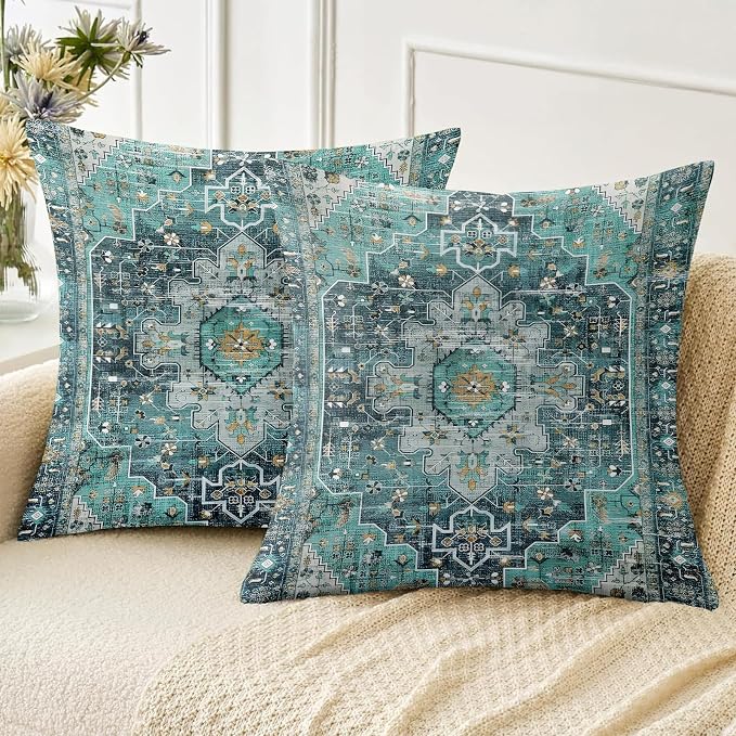 Boho Throw Pillow Covers 18x18 inch Set of 2,Soft Pillowcases Bohemia Carpet Printing Pattern Decorative Sofa Living Room Bed Square Pillow Case Cushion Cover-Cyan