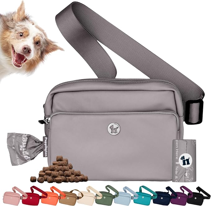 Puppington 3-in-1 Crossbody Dog Walking Bag & Treat Pouch with Matching Planet Safe Poop Bags & Built-In Dispenser - Zippered Pockets (Charcoal Gray)
