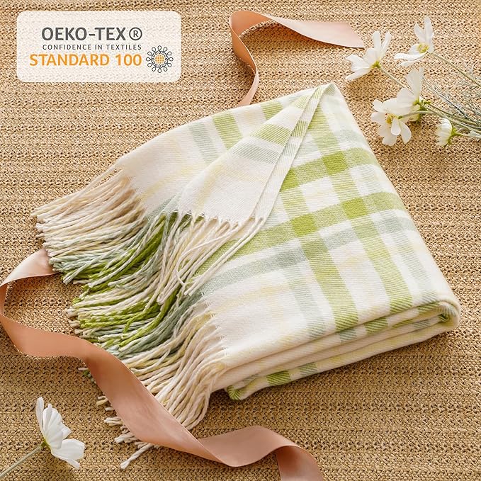 Spring Summer Plaid Throw Blanket for Couch Bed,White Green Stripe Blanket | 50"x60", Farmhouse Throw Blanket, Buffalo Checkered Design, Lightweight Soft Plaid Blankets and Throws for Home Decor