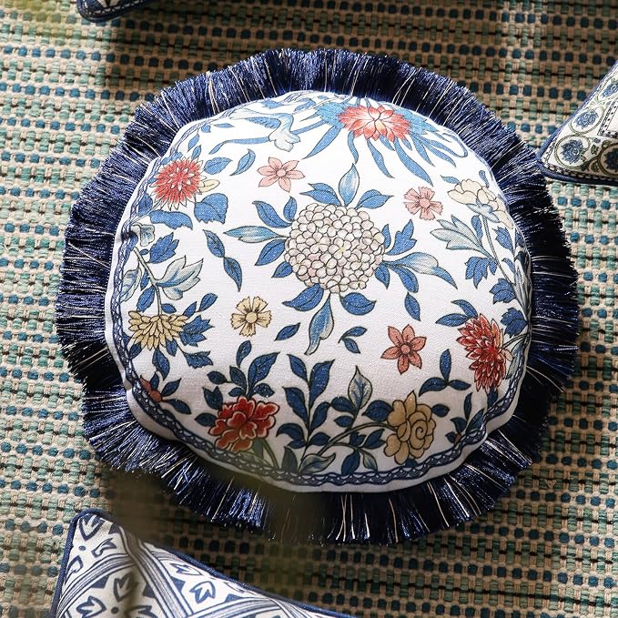 patdrea Designer Vintage Linen Throw Pillow Cover,Diameter 16"-Ivar A | Decorative Pillow Case,Chinoiserie Blue Floral Print Pillow Cover for Couch Living Room Bedroom Sofa,Fringe Trim