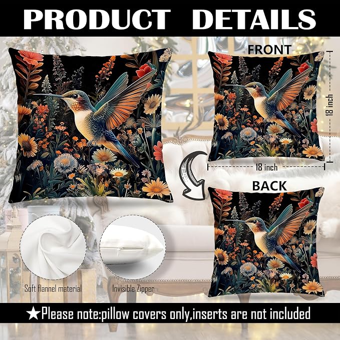William Morris Inspired-Vintage Floral Hummingbird Pillow Covers 18x18 Set of 2, Dark Cottagecore Room Decor, Vintage Rustic Botanical Bird Decor Pillow Covers for Home Living Room Bedroom