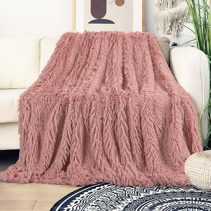 Decorative Extra Soft Faux Fur Blanket Twin Size 70" x 78",Solid Reversible Fuzzy Long Hair,Fluffy Cozy Plush Fleece Comfy Microfiber Blanket for Couch Sofa Bed,Peach Whip