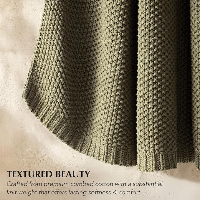 Organic Cotton Chunky Knit Throw Blanket, 50 x 60 Olive Green | OCS Certified Organic Cotton, Seed Stitch Knit, Soft & Breathable, Cozy Midweight, Decorative Throw for Couch, Bed & Sofa