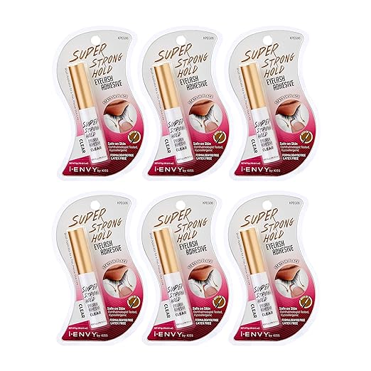 i•ENVY Super Strong Hold Eyelash Adhesive, Waterproof, 48-Hour Long-Lasting Lash Glue, Latex-Free, Hypoallergenic, Quick-Drying with Brush-On Applicator for Strip Lashes (Clear, 6 Pack)