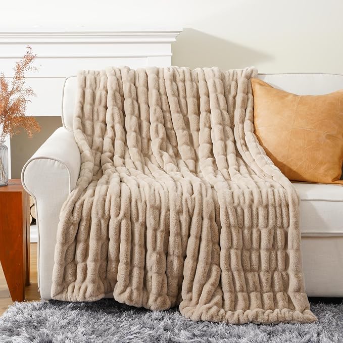 BATTILO Soft Faux Fur Throw Blanket for Couch, Double Side, 60"x80", Beige | Luxury Minky Couture Blanket, Beige Throw Blanket, Premium Silky Cozy Soft Fluffy Faux Fur Blanket For Bed, Sofa Living Room