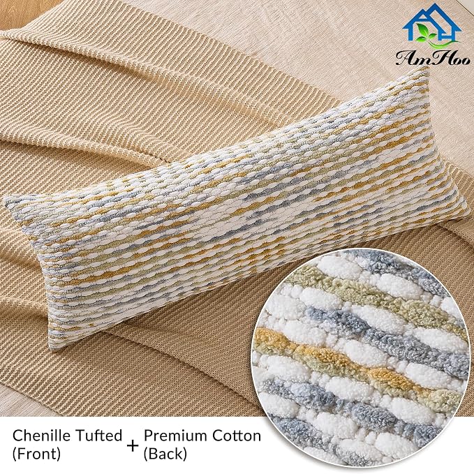 Boho Chenille Pillow Cover Decorative Tufted Pillowcase for Couch Bed Sofa Bedroom Living Room Modern 14 x 36-Inch Grey