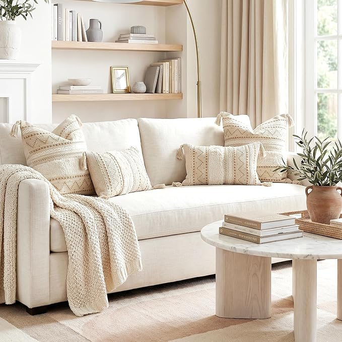 Decorative Throw Pillow Covers 18X18 Combo Set of 2 Square Cream Neutral White Boho Accent Pillowcase Tassels Farmhouse Cushion for Couch Sofa Bedroom Living Room Home Décor Cover ONLY
