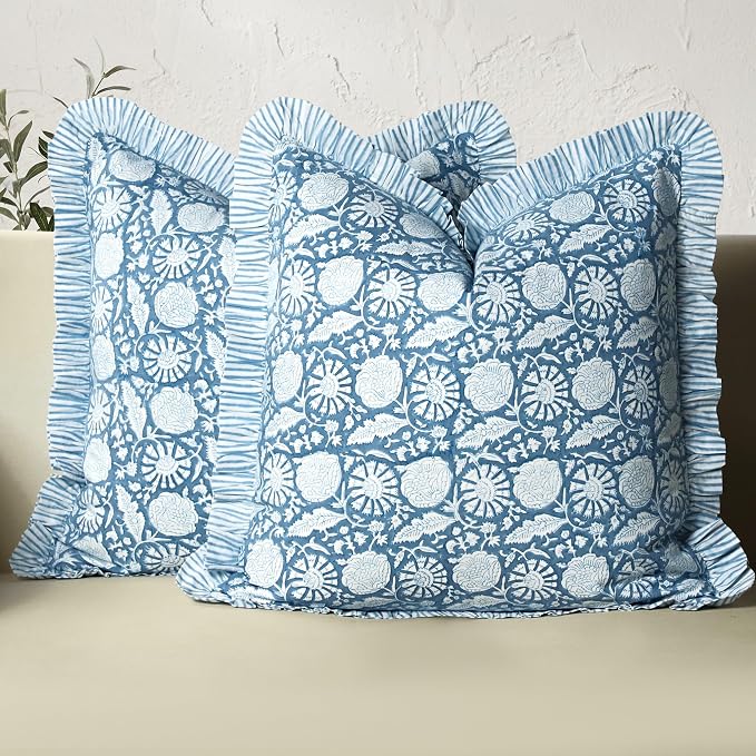 CPC Blue Meadow Hand Block Print 100% Cotton Ruffle Throw Pillow Cover 20x20 inch with Hidden Zipper Decorative for Couch, Bed, Sofa, Farmhouse, Cottagecore Decor Gift Christmas Fall Thanksgiving