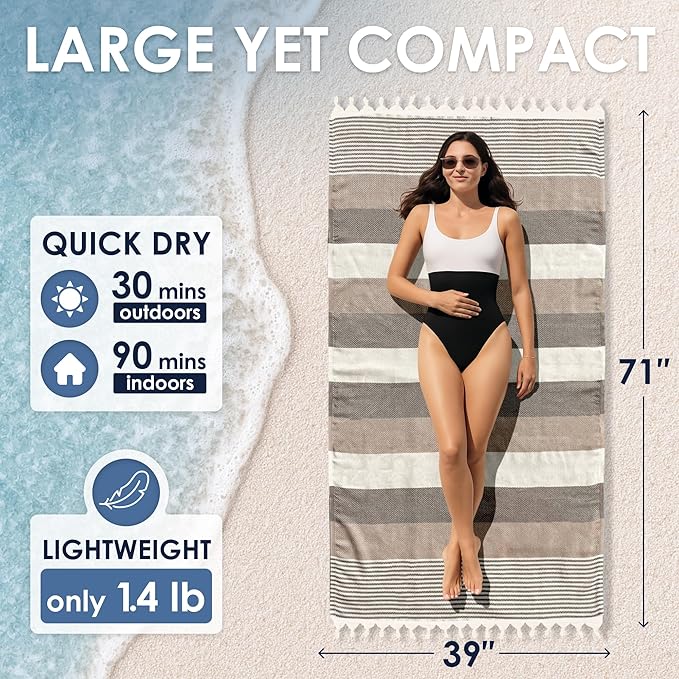 ATANI Turkish Beach Towel (71x39 Inches), Converts to a Bag, Oversized 100% Cotton Bath Towels Lightweight Quick-Dry Beach Blanket for Travel, Picnic, Camping, Yoga and Pool (Brown)
