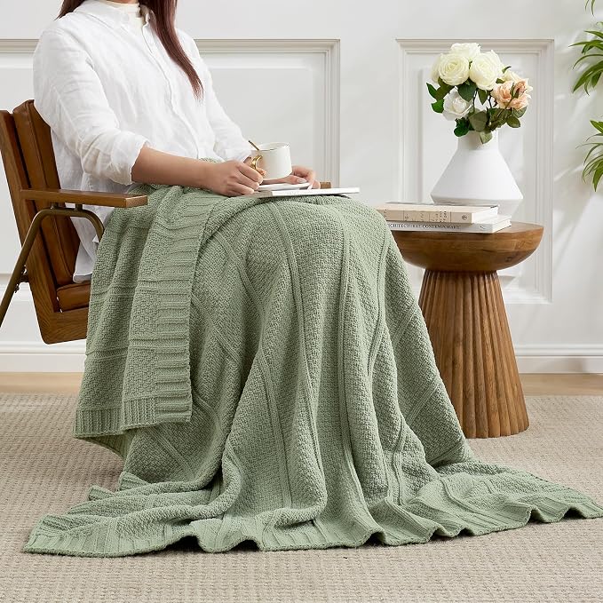 Chenille Throw Blanket for Couch, Soft Cozy Chunky Knit Blanket, Moss Stitch Throw for Sofa, Bed, Living Room, Lightweight Warm Home Decor, Sage Green 60"x80"