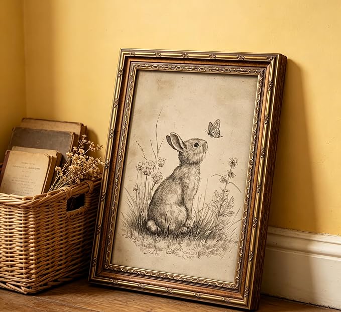 Vintage Gold Framed Bunny Easter Wall Art Rabbit and Butterfly Painting Canvas Prints Country Botanical Wildflowers Sketch Picture Rustic Farmhouse Poster Artwork for Living Room Bedroom Bathroom