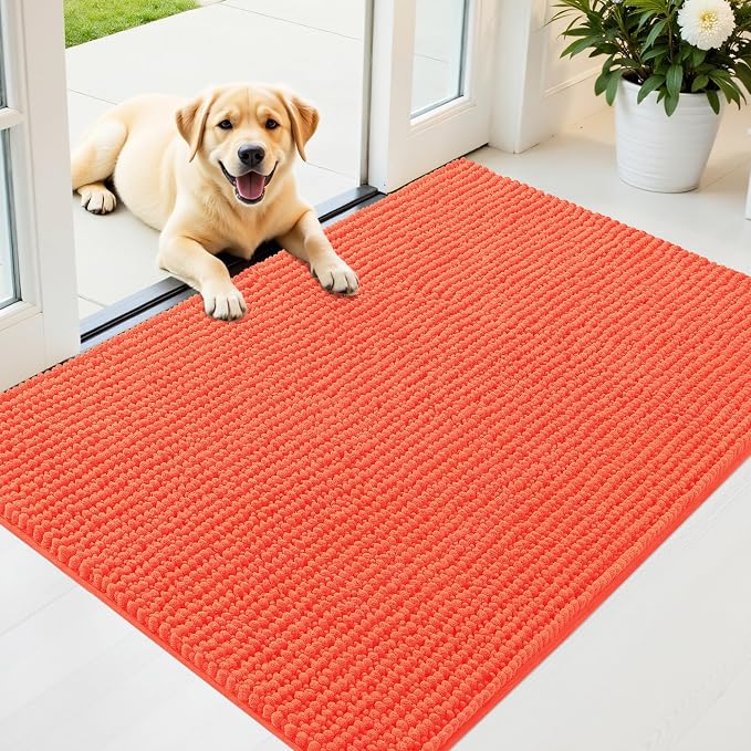 OLANLY Dog Door Mat for Muddy Paws 44x32, Extra Absorbent Chenille Mud Mat | Coral, Absorbs Moisture and Dirt, Non-Slip Machine Washable Doormat, Quick-Drying Indoor Entryway Floor Mat for Dogs