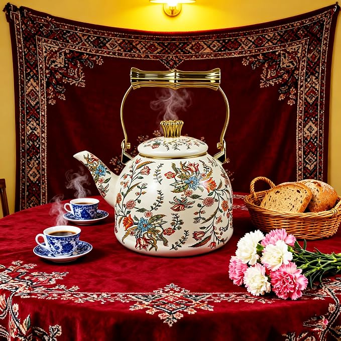 Vintage Enamel Tea Kettle Boho Floral Stovetop Teapot 2.5L Colorful Bohemian Enamel Kettle Kitchen Decor Hot Water Coffee Pot with Gold Handle