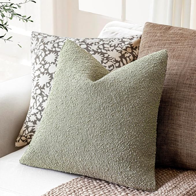 Foindtower Pack of 2, Decorative Textured Boucle Throw Pillow Covers Accent Solid Pillow Cases Cozy Soft Couch Cushion Case for Chair Sofa Bedroom Living Room Home Decor 22x22 Inch Dirty Sage Green
