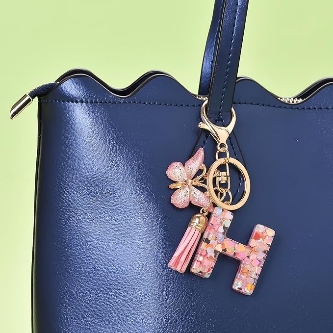 Fashion Alphabet Initial Letter Keychain Tassel Butterfly Pendant Key Ring for Purse Handbags Women Girl