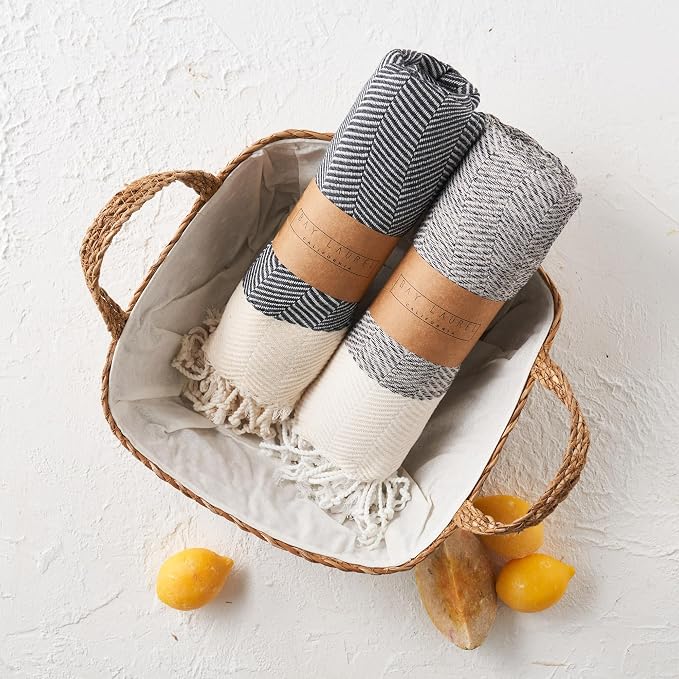BAY LAUREL Turkish Hand Towel – Pack of 2 | Soft & Absorbent Decorative Towels for Bathroom, Hand, Face, Hair, Gym, Yoga, SPA, Kitchen & Tea | Boho Decor (Beige, Herringbone 16x40 Inches (Set of 2)