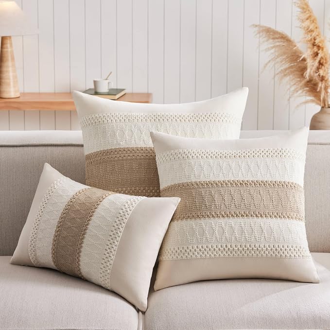 2 Pack Boho Throw Pillow Covers, Contrast Taupe 16x16in | Soft Breathable Cotton, Farmhouse Decorative Couch Pillow Cases, Cushion Covers for Sofa Bed Living Room Home Decor