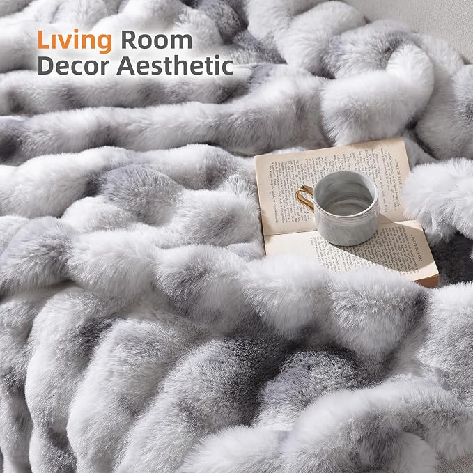 Faux Fur Throw for Couch - Tie-dye Grey Bubble Blanket 60"x80" | Fluffy Plush Fuzzy Throw for Sofa & Bed, Super Soft Cozy Comfrt Blanket, Luxury Aesthetic Grey Decor Gift for Women