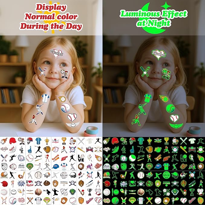 96PCS Baseball Pre-Cut Temporary Tattoos for Kids - Sports Themed Birthday Party Supplies, Fun Stickers for Boys & Girls, Party Favors, School Prizes, Summer Olympic Gifts (Glow in the dart)