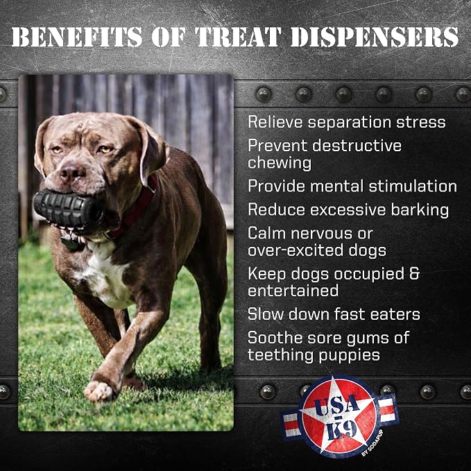 SodaPup USA-K9 Grenade – Durable Dog Treat Dispenser and Chew Toy Made in USA from Non-Toxic, Pet Safe, Food Safe Natural Rubber Material for Mental Stimulation, Problem Chewing, Calming Nerves & More