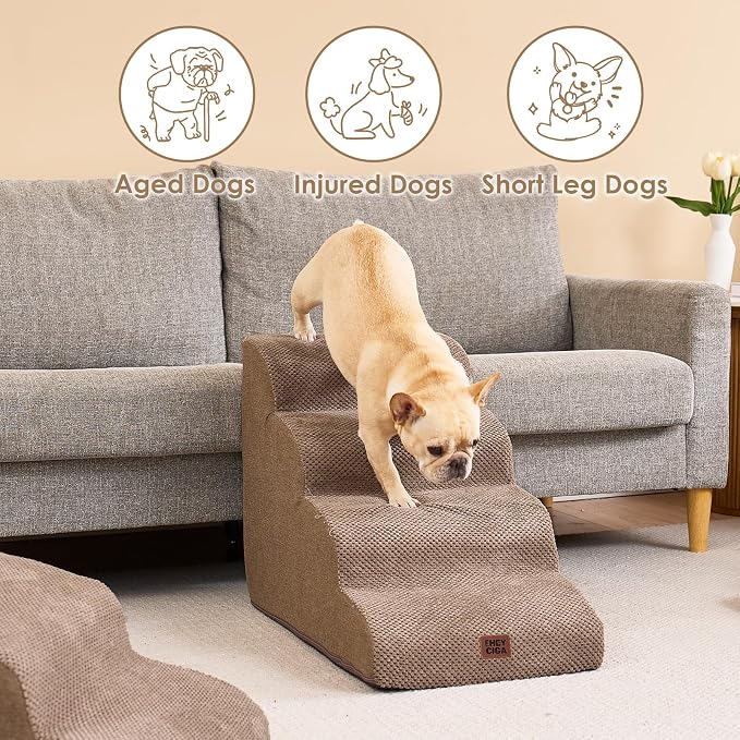 EHEYCIGA Curved Dog Stairs Ramp, 4-Step High Beds, 19.7" H Pet Step | 33D density of pure foam, for Small Dogs and Cats, Pet Stairs for High Bed Climbing, Non-Slip Balanced Indoor, Camel