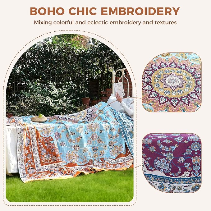 LUTBM Boho Throw Blanket for Couch 50"x60", Cotton Decorative Bed Throws | Reversible Vintage Florals Jacquard, All-Season Lightweight Soft Blankets, For Chair Sofa Bedroom Living Room, Home Decor