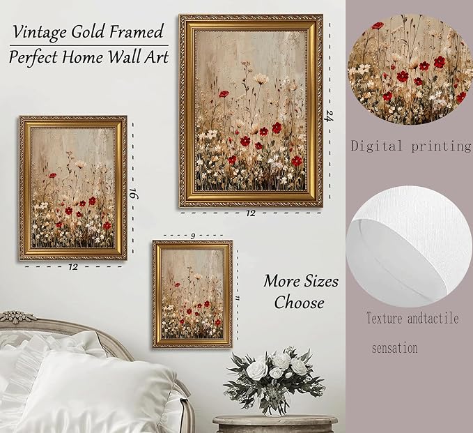 Framed Wildflower Canvas Wall Art,Neutral Plant Picture Wall Decor16x12in | Country Cottagecore Floral Print Artwork For for living room, bedroom, hallway, office or entryway.