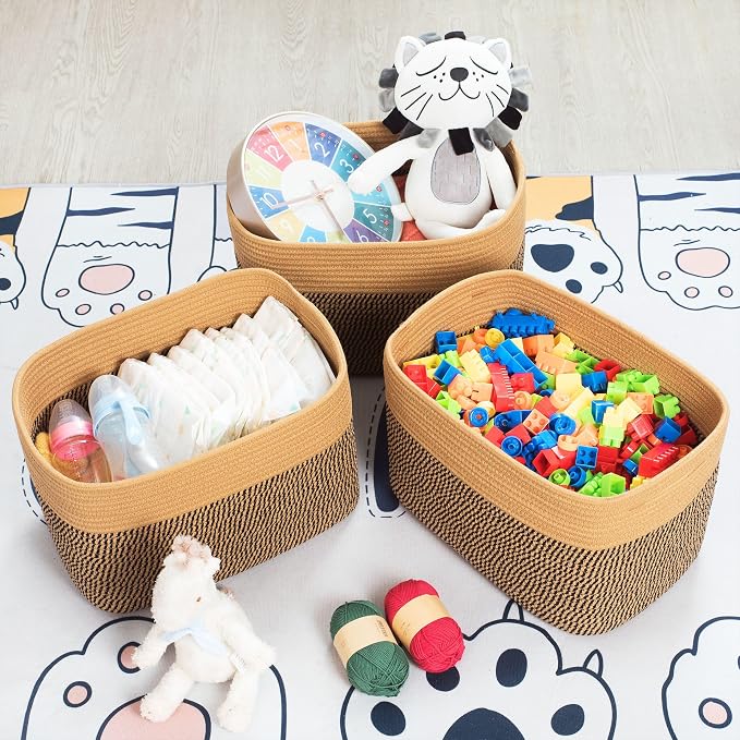 3-Pack Storage Baskets for Shelves, Decorative Baskets for Organizing, Woven Baskets for Storage, Book Basket Cube Storage Bin Box, Pantry Closet and Shoe Organizers, Black Jute