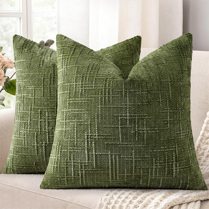 decorUhome Textured Chenille Throw Pillow Covers 26x26 Set of 2 Olive Green | Fall Modern Farmhouse Soft Cozy Slubby Couch Pillow Cases Boho Decorative Pillow Cases for Bed Sofa Living Room Home Decor