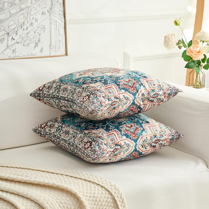Boho Throw Pillow Covers 18x18 inch Set of 2,Boho Vintage Carpet Pattern Antique Ethnic Decor Double Sided Pattern Cushion Cover Soft Pillow Case Living Sofa Room Bed Square Pillow Cover