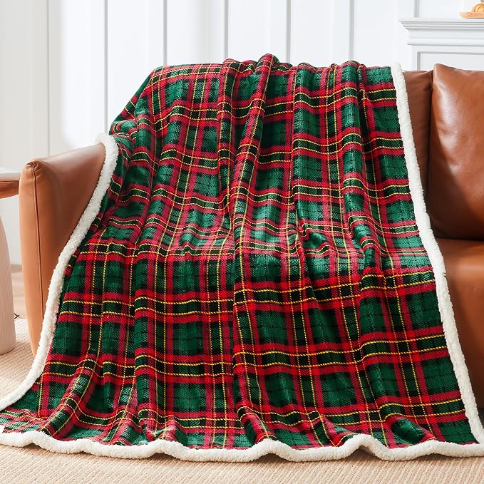Sherpa Plaid Throw Blanket, 60" X 70"Fuzzy Fluffy Cozy Soft Blanket, Fleece Flannel Plush Twin Size Microfiber Blanket for Couch Bed Sofa, Red & Green