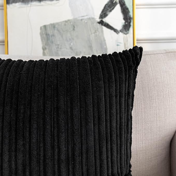 UGASA 12x24 Inch Pillow Cover Pack of 1 Soft Boho Stripe Corduroy Long Rectangular Lumbar Cushion Cover Farmhouse Decorative Throw Pillowcase for Bed, Couch, Sofa, Bedroom, Living Room, Black